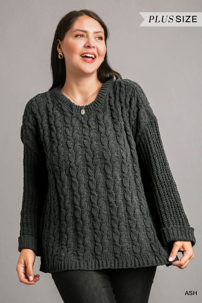 Cuff Long Sleeve Chenille Cable Knit Pullover Sweater